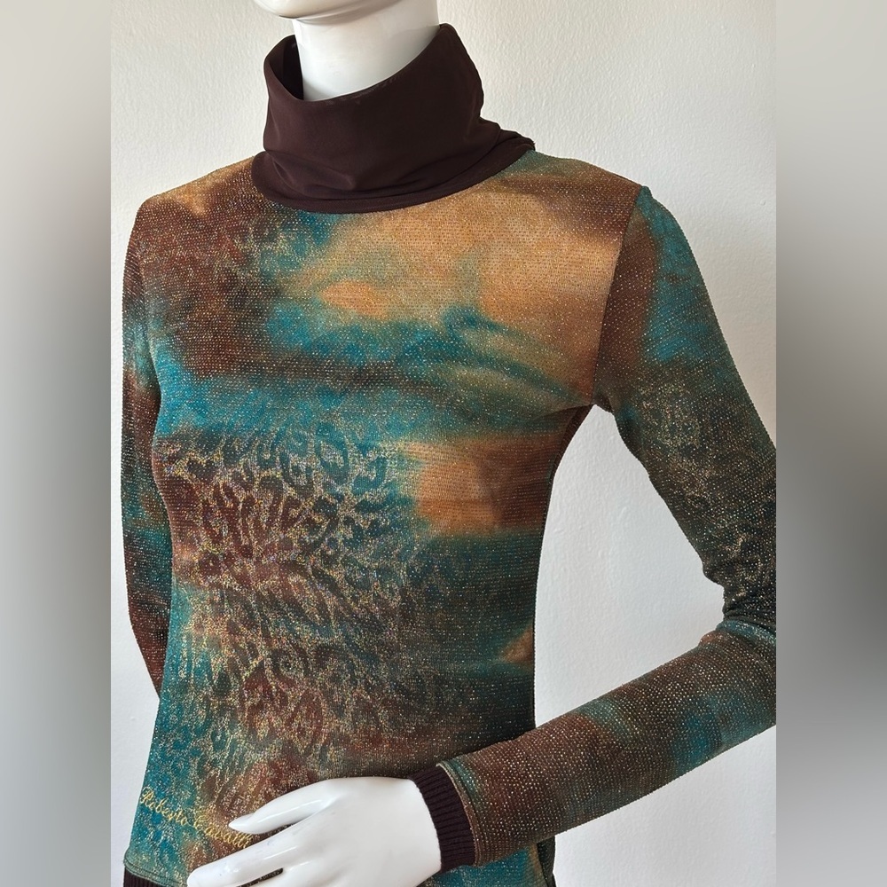 Roberto Cavalli Vintage Lurex Turtleneck Top – Metallic Floral Stretch Mesh - Picture 4 of 7